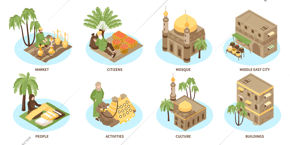 Middle eastern city isometric compositions set of market mosque cultural landmark citizens people activities isolated vector illustration
