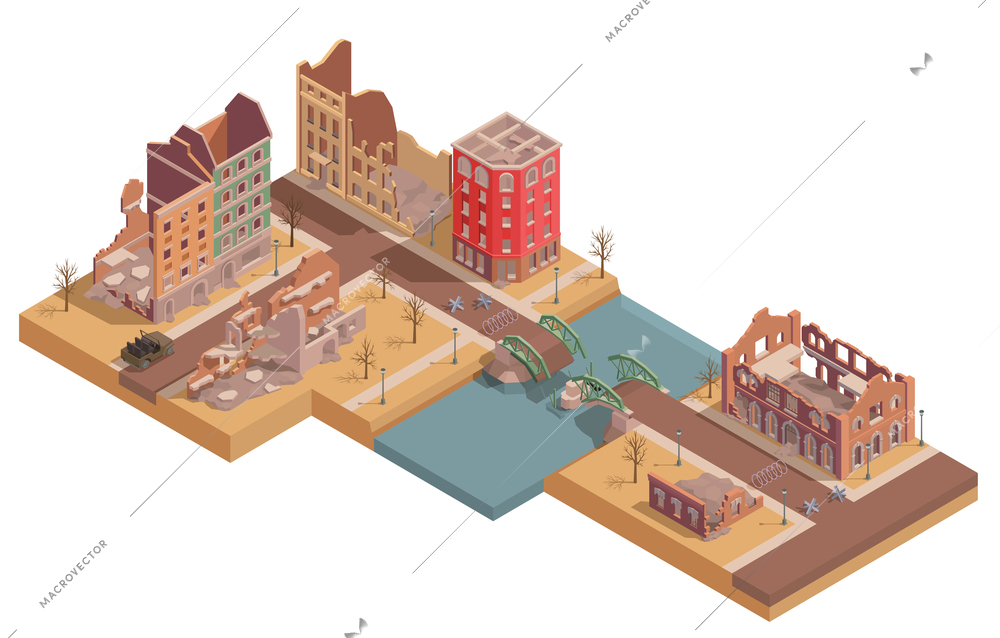 Ruined city buildings with destroyed bridge isometric vector illustration