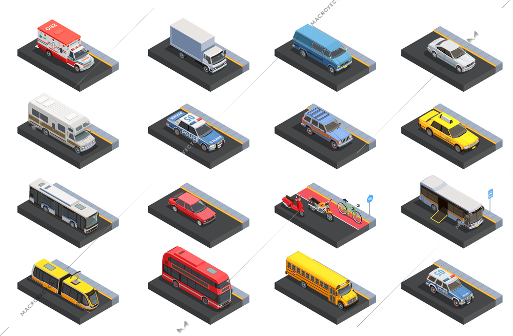 Public transport set with different vehicles on city street isolated vector illustration