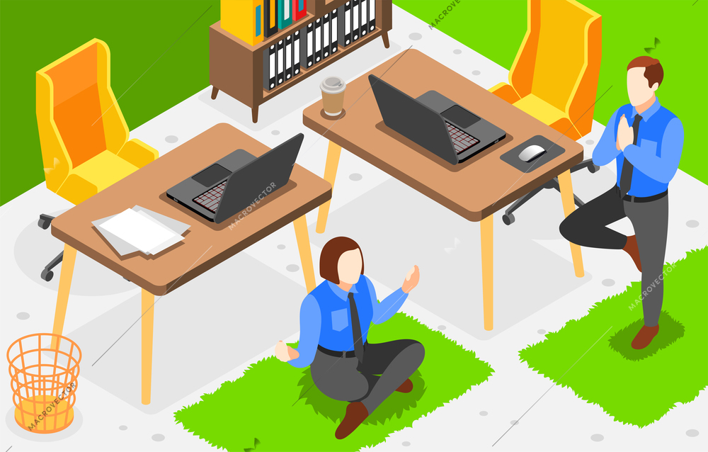 Soft skills patience stress tolerance isometric background with two people meditating in office 3d vector illustration