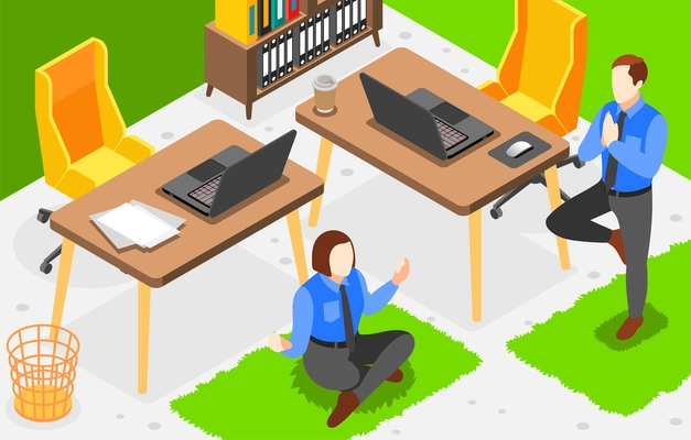 Soft skills patience stress tolerance isometric background with two people meditating in office 3d vector illustration