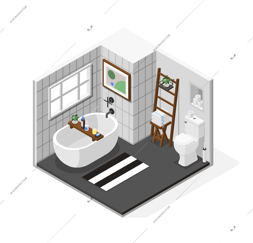 Isometric composition with interior of modern bathroom with bath toilet and decor elements 3d vector illustration