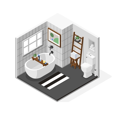 Isometric composition with interior of modern bathroom with bath toilet and decor elements 3d vector illustration