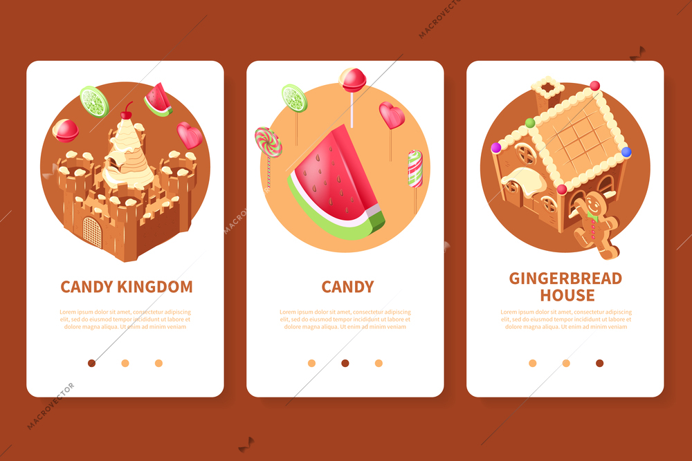 Candy land isometric app design set of three vertical banners with page switch buttons and text vector illustration