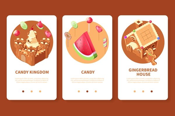 Candy land isometric app design set of three vertical banners with page switch buttons and text vector illustration