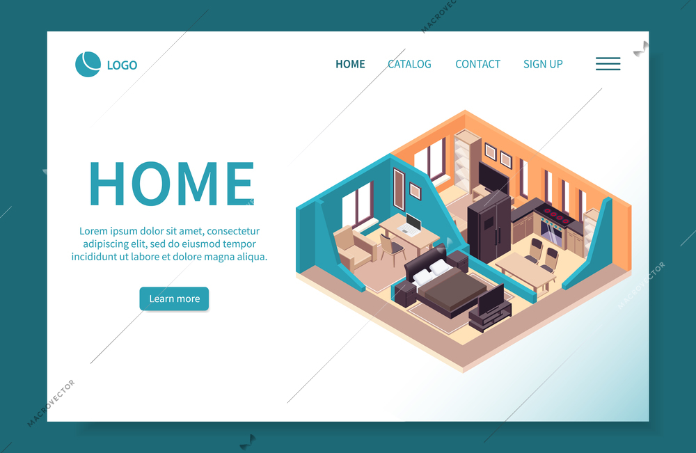 Furniture isometric web site landing page with view of apartment room interiors clickable links and button vector illustration