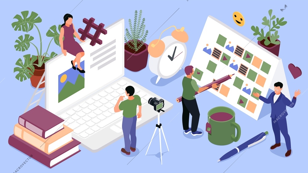 Isometric content manager composition with content plan and four creators at work vector illustration