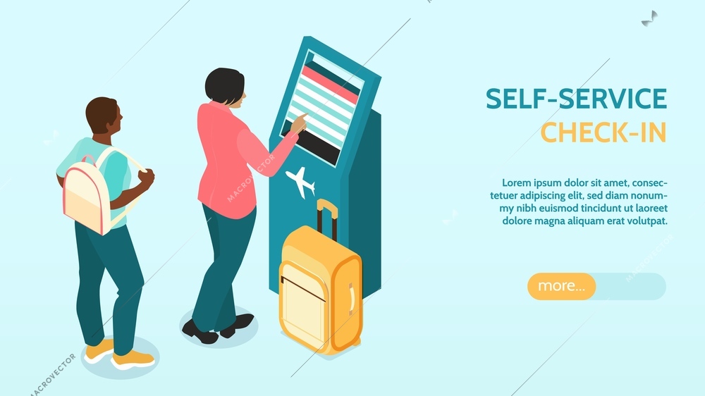 Isometric self service horizontal banner with self service check in description and more button vector illustration