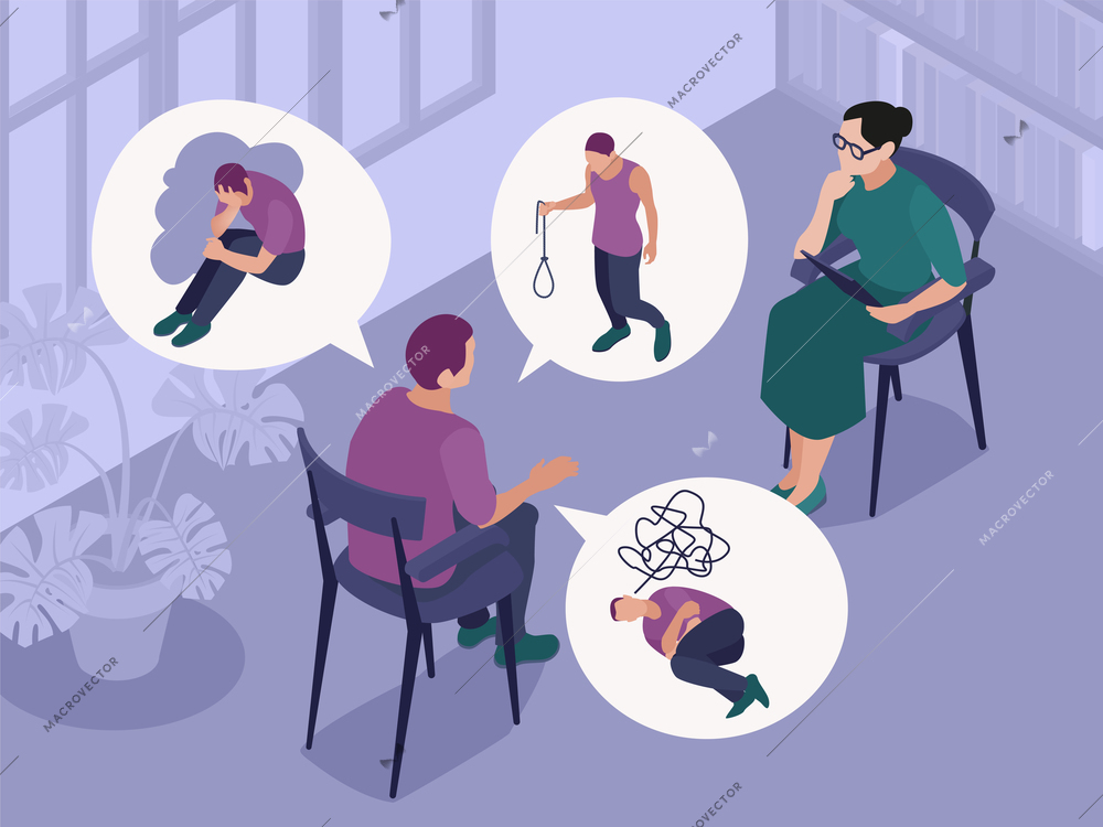 Isometric mental disorders colored composition patient talks about his problems at psychologists office vector illustration