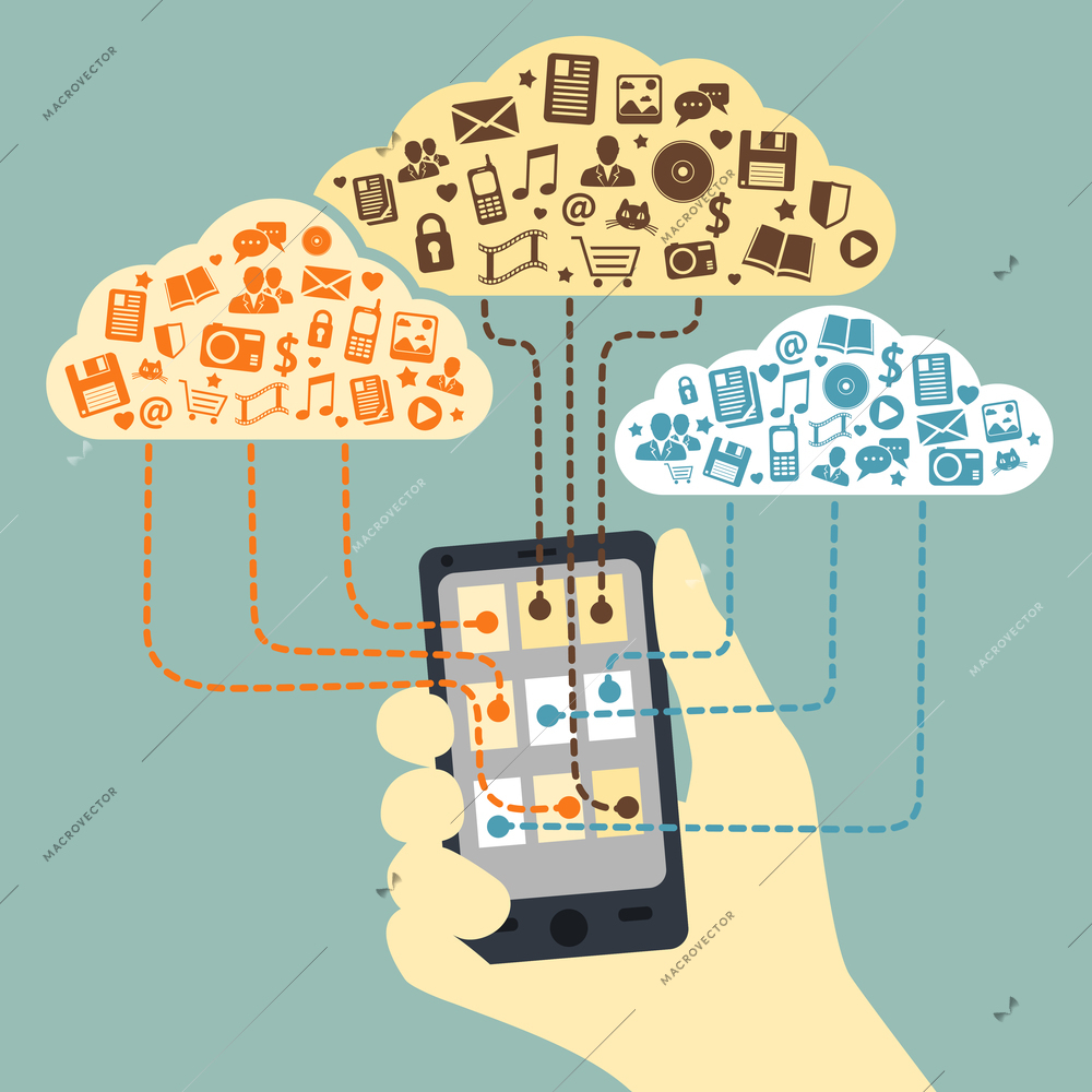 Business concept. Hand holding smartphone connected to cloud services with application media and social communications vector illustration