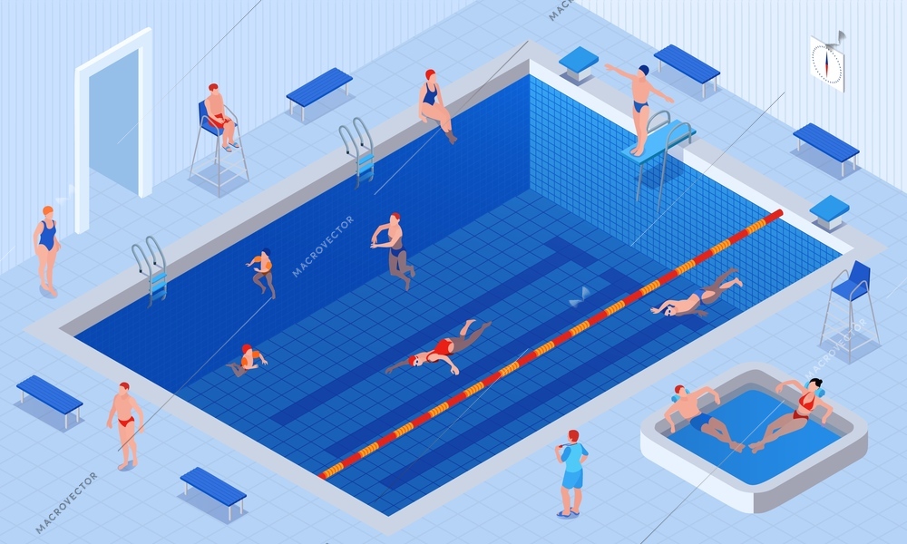 Isometric swimming pool composition large pool with tiled floor and walls people swim relaxing in jacuzzi vector illustration