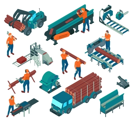 Isometric sawmill lumberjack color icon set with different equipment workers and machines vector illustration