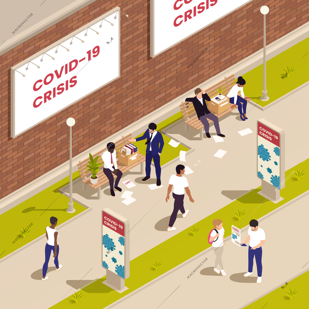 Unemployment isometric composition with people loosing jobs during covid-19 vector illustration