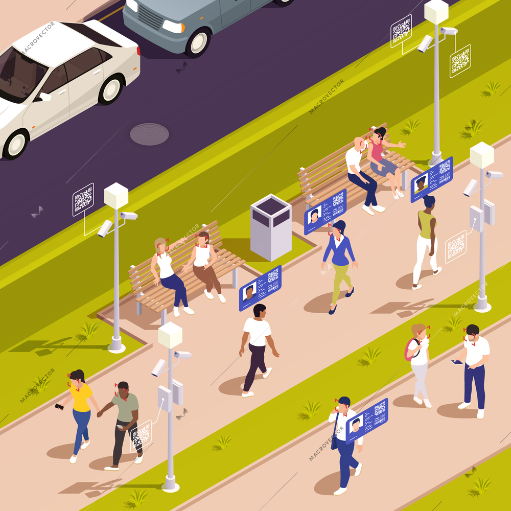 Digital government isometric concept with citizen and their social profiles outdoors vector illustration