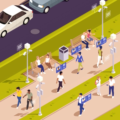 Digital government isometric concept with citizen and their social profiles outdoors vector illustration