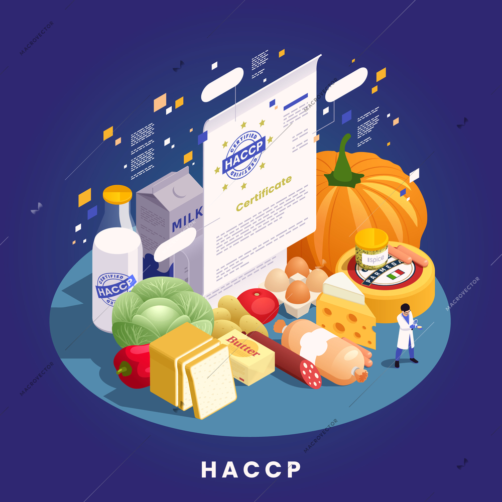 HACCP food safery concept with isometric products and quality certificate vector illustration