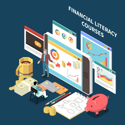 Financial literacy education isometric concept with money symbols and man watching lecture on online courses 3d vector illustration
