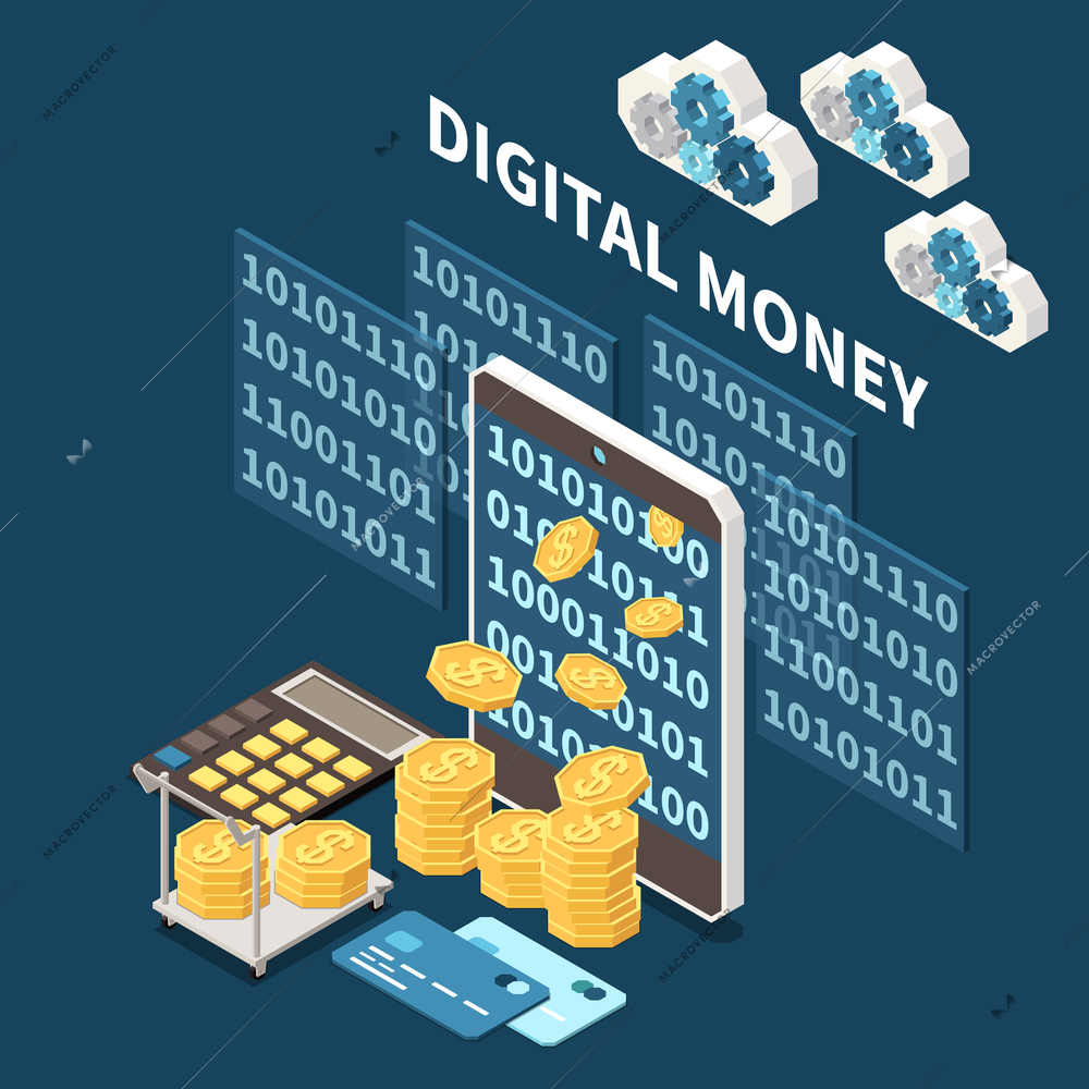 Isometric blockchain system and crypto technology composition with 3d symbols of digital money vector illustration
