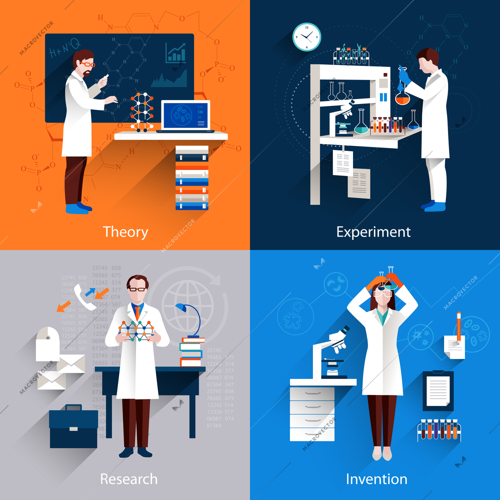 Science design concept set with theory experiment research invention icons set isolated vector illustration