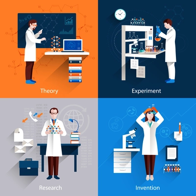 Science design concept set with theory experiment research invention icons set isolated vector illustration