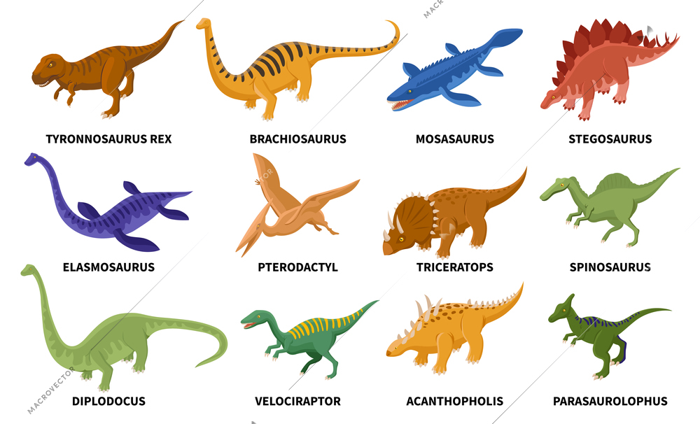 Isometric dinosaurs color animals set with isolated icons of colored prehistoric reptiles with editable text captions vector illustration