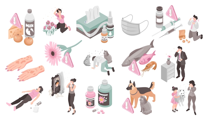Isometric allergy color set of isolated compositions with icons of allergen pets food medication and people vector illustration