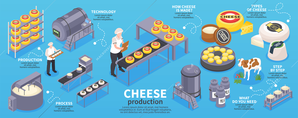 Isometric cheese production infographics with editable text captions and isolated images of dairy products industrial supplies vector illustration