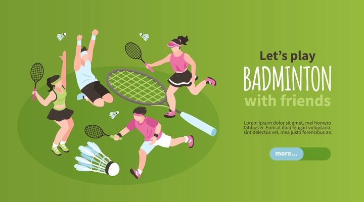 Isometric badminton horizontal banner with characters of players with rackets and editable text with more button vector illustration