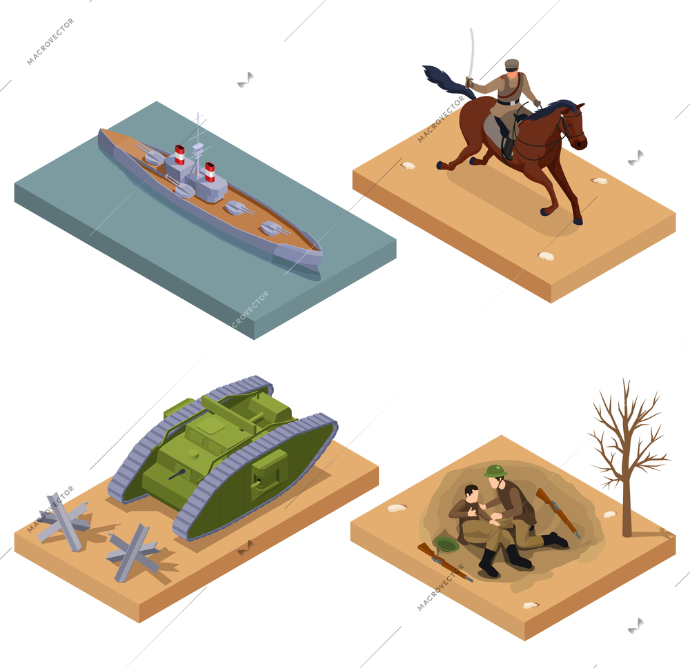First world war equipment and soldiers isometric composition isolated vector illustration
