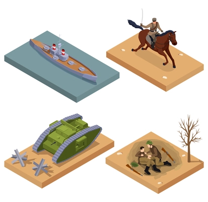 First world war equipment and soldiers isometric composition isolated vector illustration