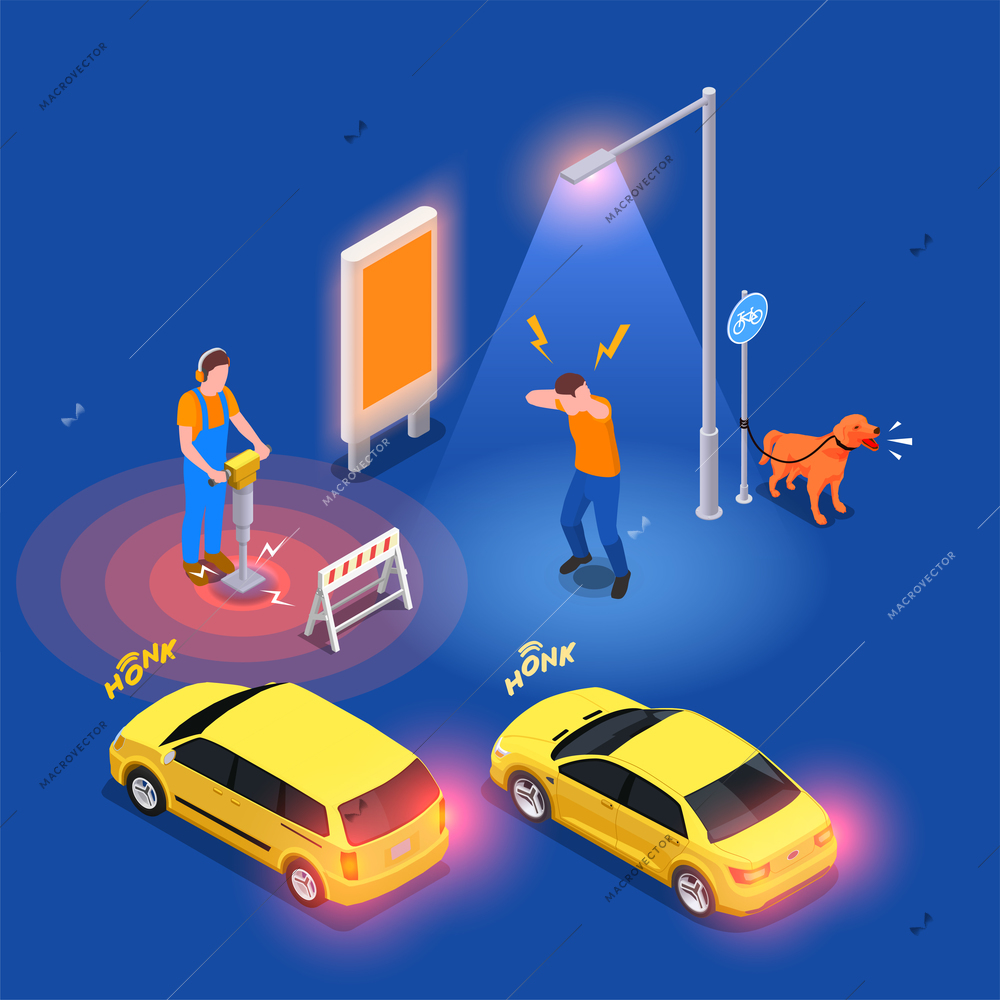 Noise pollution isometric composition with drilling worker and barking dog vector illustration