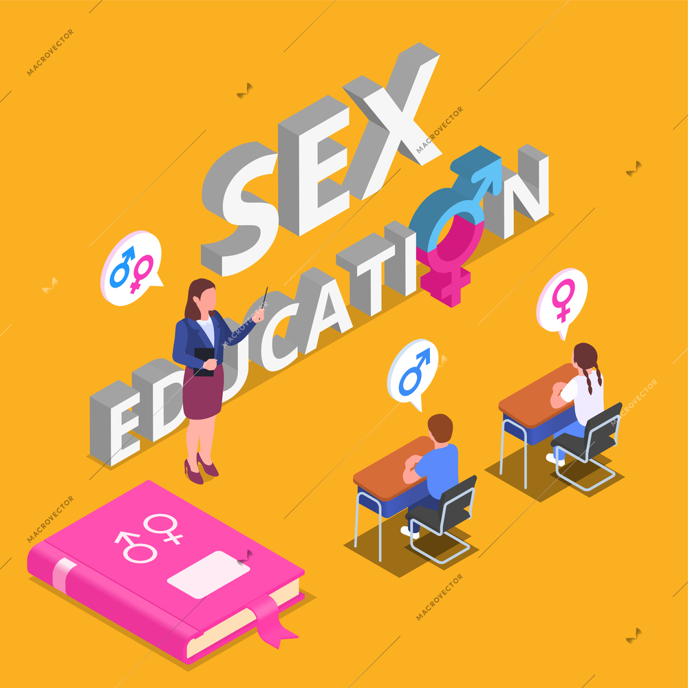 Sex education isometric concept with teacher exlaning gender issues to the class vector illustration