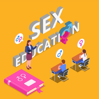 Sex education isometric concept with teacher exlaning gender issues to the class vector illustration