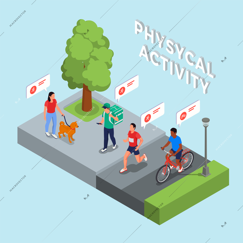 Physical activity isometric composition with people moving outdoors vector illustration