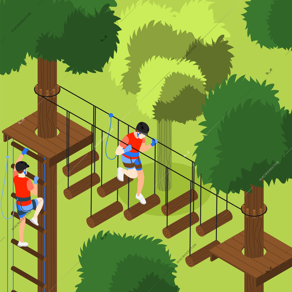 Adventure park colored background with active young male characters using rope ladder for fun isometric vector illustration