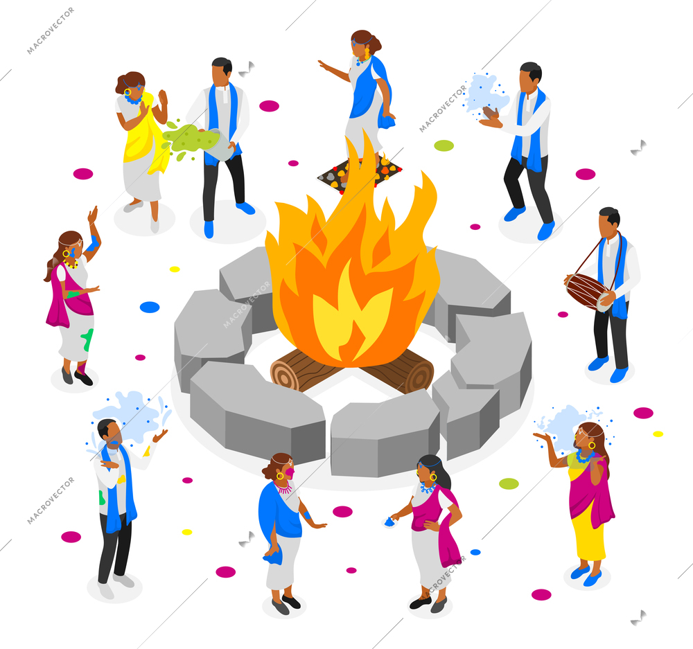 Holi celebrating isometric composition with people dancing around bonfire and  showering each other with colored powder vector illustration