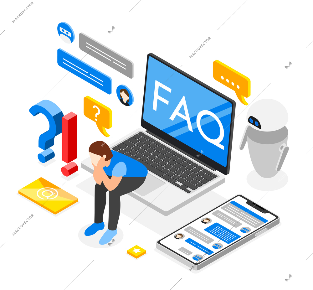 Isometric illustration with small female character sitting in thoughtful posture on big laptop keyboard with FAQ giant letters on screen vector illustration