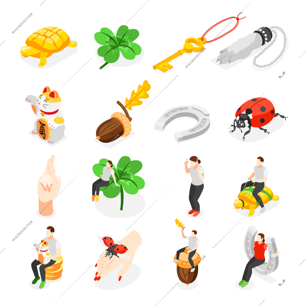 Lucky symbols isometric icons set of acorn ladybug turtle neko cat rabbit foot horseshoe four leaf clover isolated vector illustration