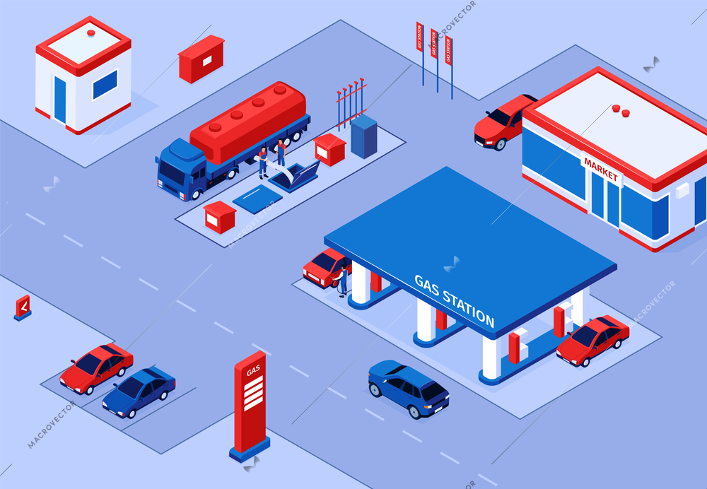 Isometric gas station horizontal composition with outdoor scenery and petrol station buildings with shelter and cars vector illustration