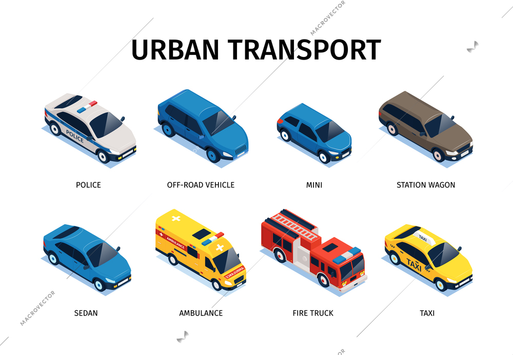 Isometric public transport set of isolated compositions with text and icons of private and service vehicles vector illustration