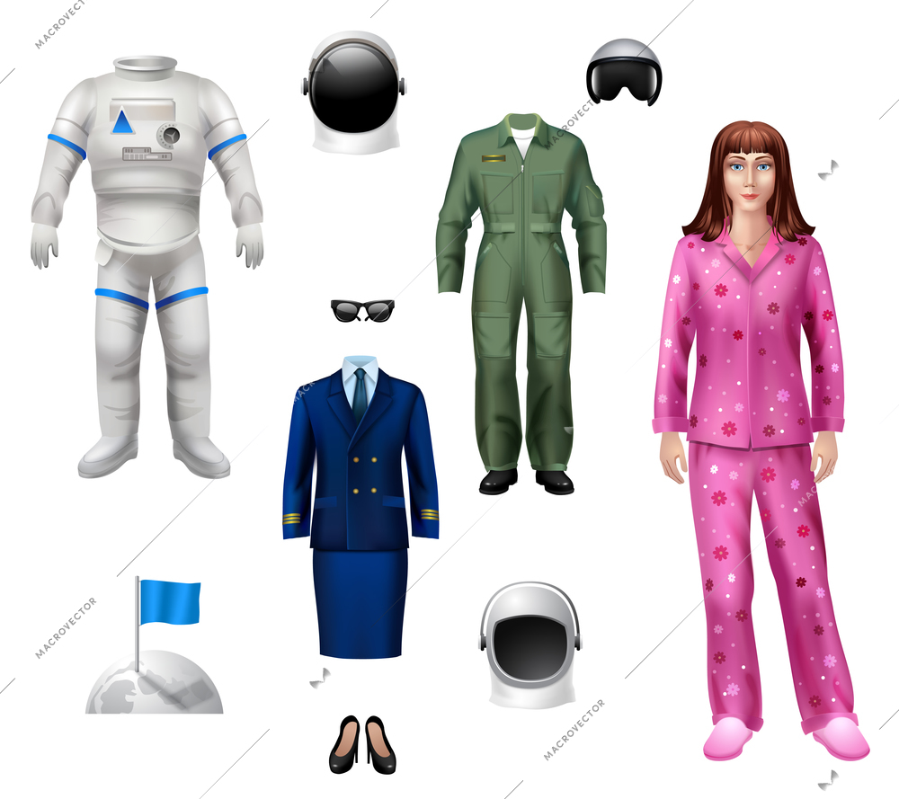 Astronaut girl character pack with explorer costume helmet and flag isolated icons vector illustration