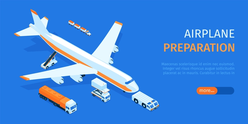 Isometric airport transport horizontal banner with airplane surrounded by trucks cars with text and more button vector illustration