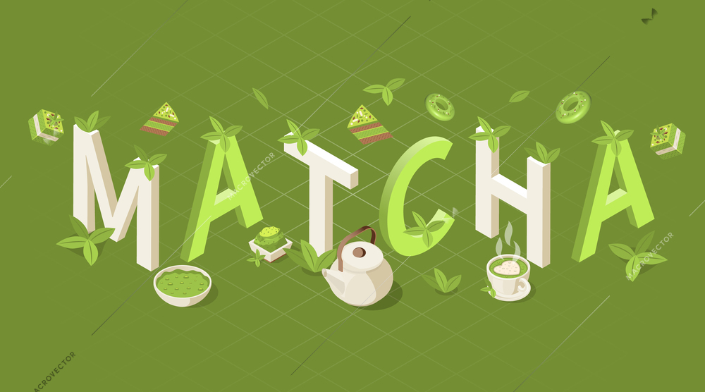 Matcha isometric composition with isolated icons of herbs cakes powder kettle and cups with 3d letters vector illustration