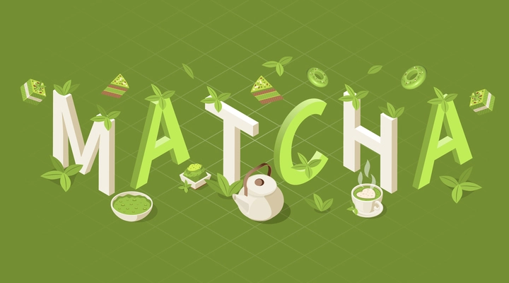 Matcha isometric composition with isolated icons of herbs cakes powder kettle and cups with 3d letters vector illustration