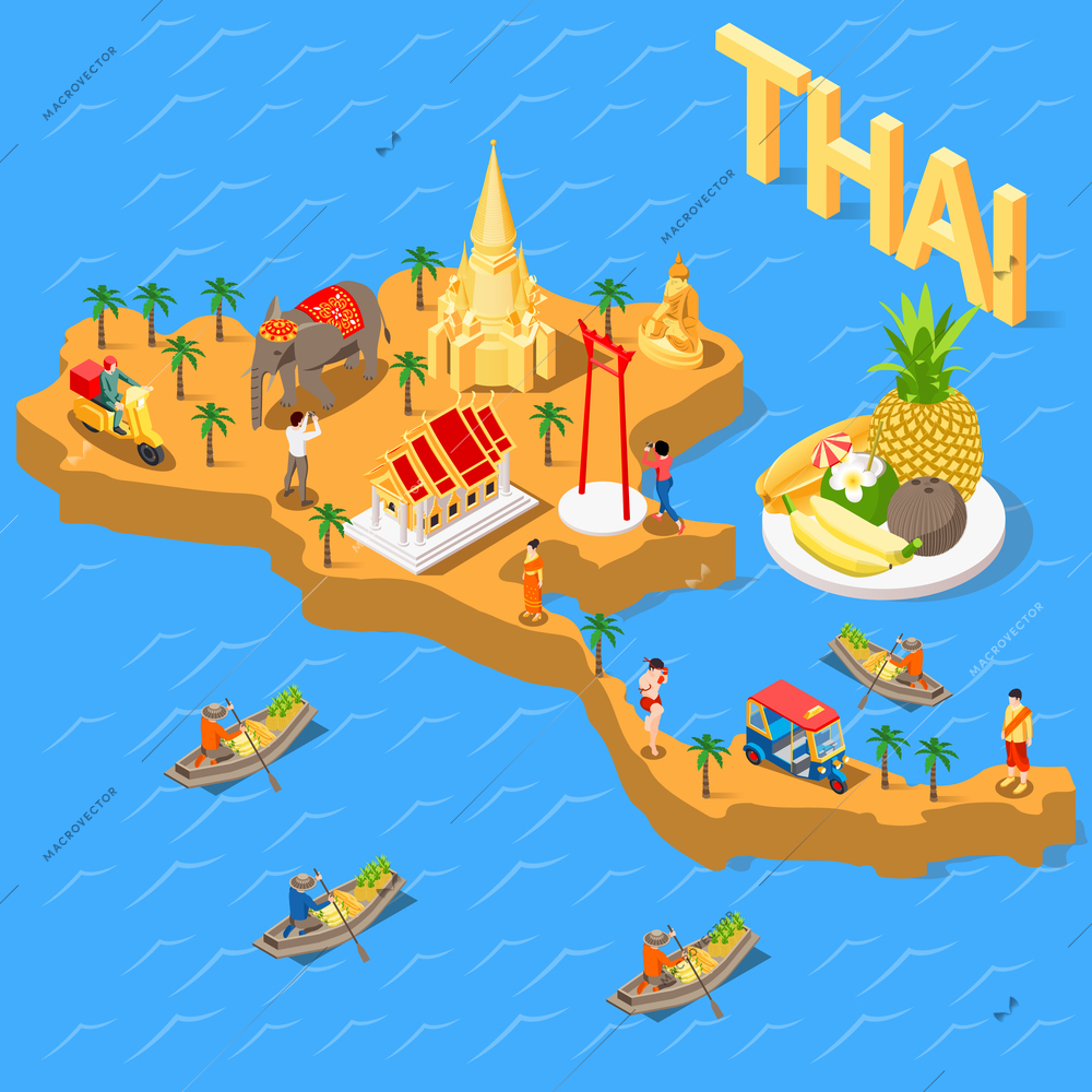 Thailand touristic isometric composition with view of country border with fruits text people in small boats vector illustration