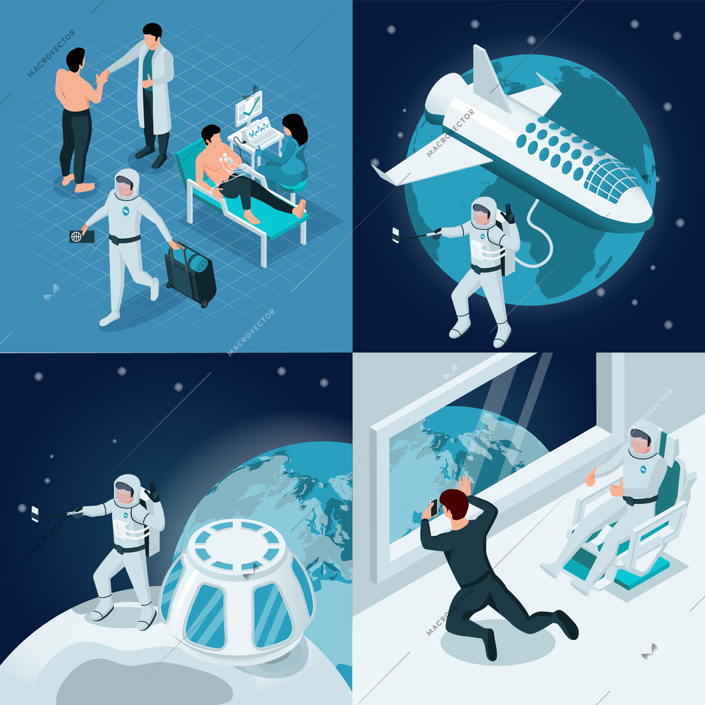 Set with 2x2 space tourism isometric compositions with views of outer space stations and health examination vector illustration