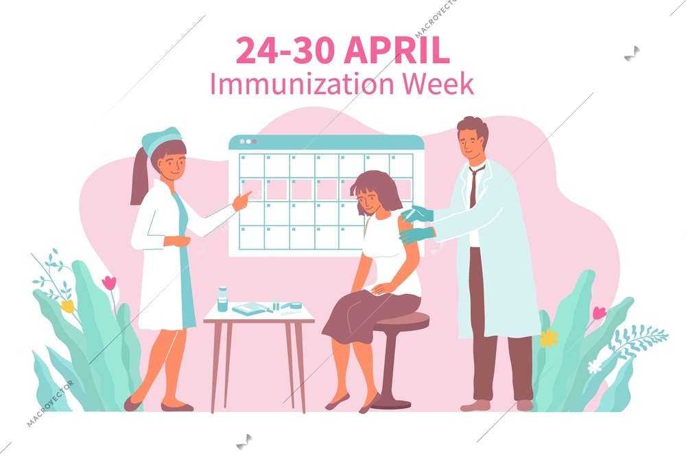 World immunization week poster in flat style with calendar and smiling doctors giving injection to woman vector illustration