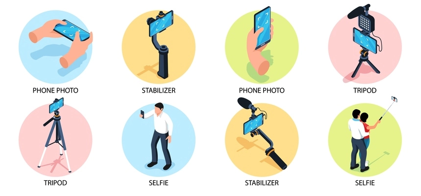 Photography round compositions with people using phone camera stabilizer tripod and selfie stick isolated vector illustration