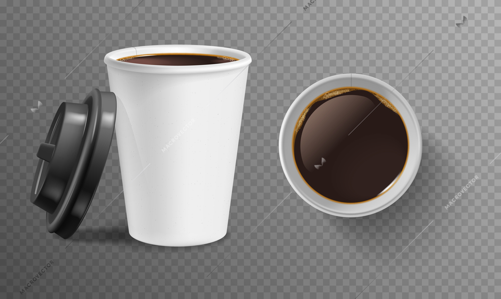 Black coffee in cups and transparent realistic set isolated vector illustration