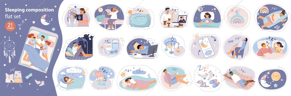 Sleeping set with flat round compositions of people suffering from sleep disorders with bed clothes accessories vector illustration